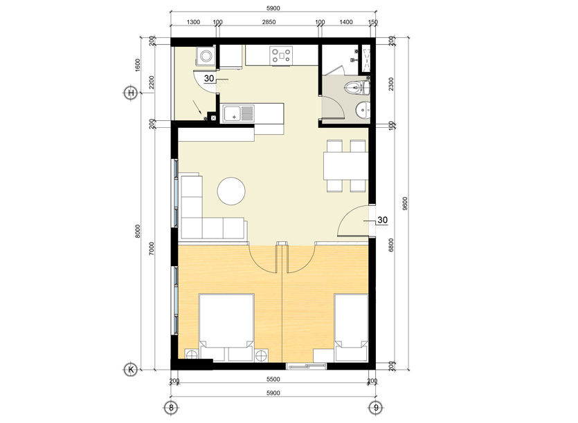 Căn hộ C-01: 2PN - 55.1 m²