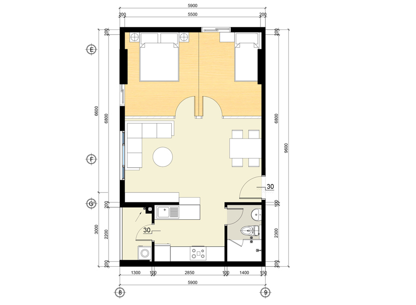 Căn hộ C-03: 2PN - 55.9 m²