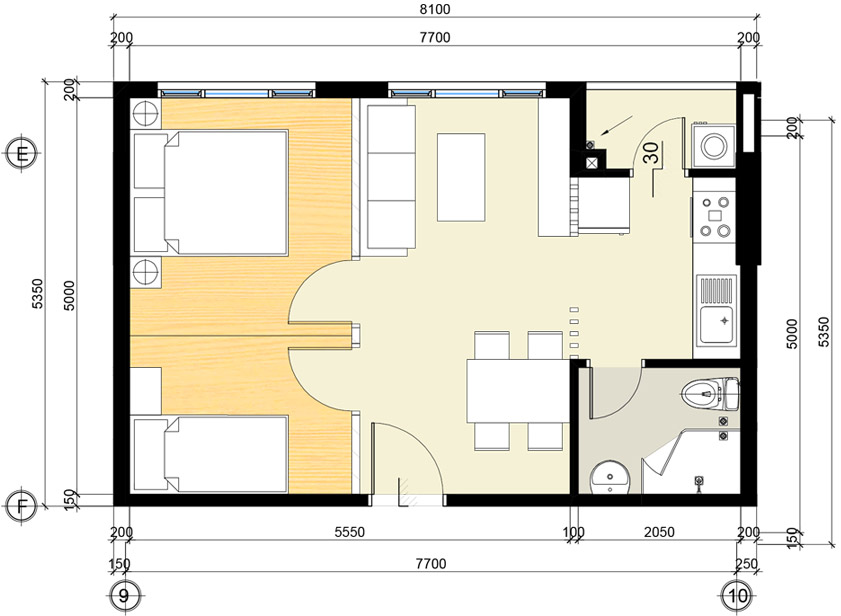 Căn hộ C-04: 2PN - 41.6 m²