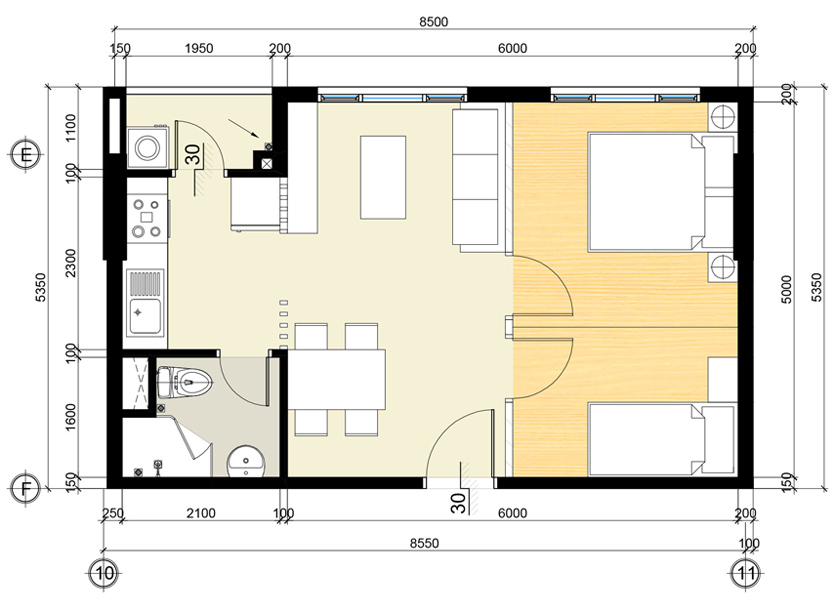 Căn hộ C-05 & C-06: 2PN - 44.3 m²