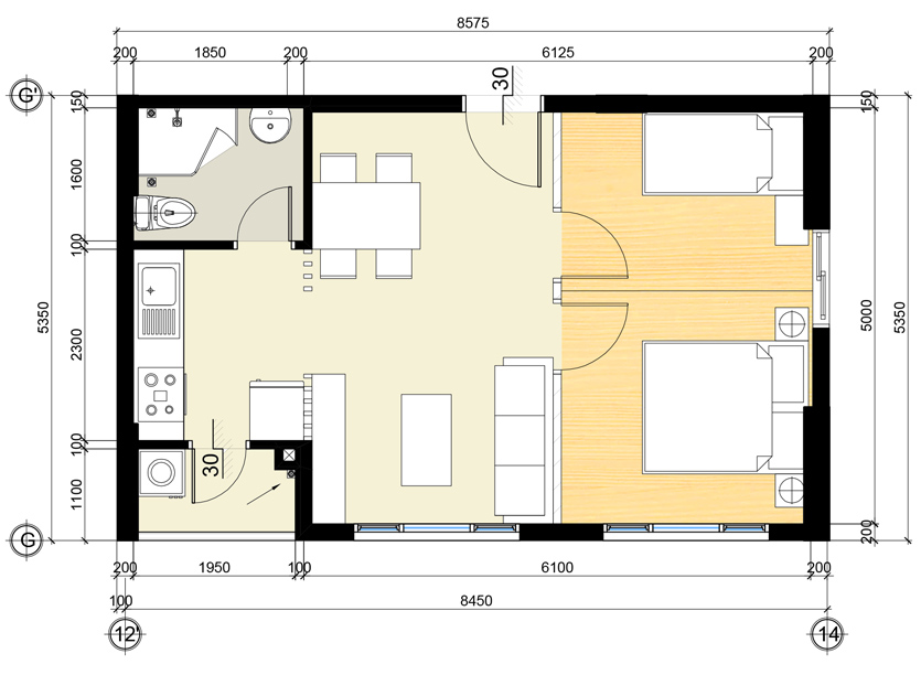 Căn hộ C-08: 2PN - 44.9 m²