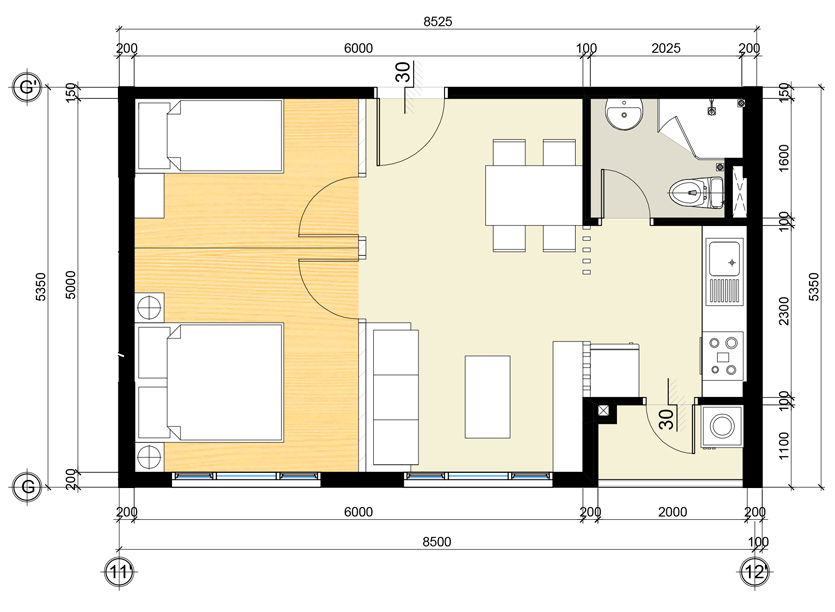 Căn hộ C-09 & C-10: 2PN - 44.3 m²